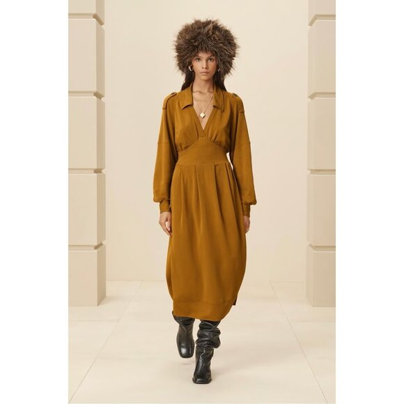 Zara Surplus Womens Midi Dress XS Mustard Gold Collared V-Neck 8516/244 NWOT - Picture 1 of 11